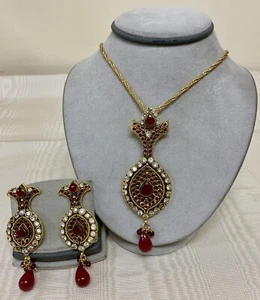 Indian Bridal Formal Gold And CZ Fashion Red Maroon Bollywood Jewelry Set- 3 Pcs - Picture 1 of 8