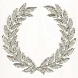 Silver Laurel Wreath Patch Metallic Embroidered SCA Cut out Iron-on Sew on (4") - Picture 1 of 1