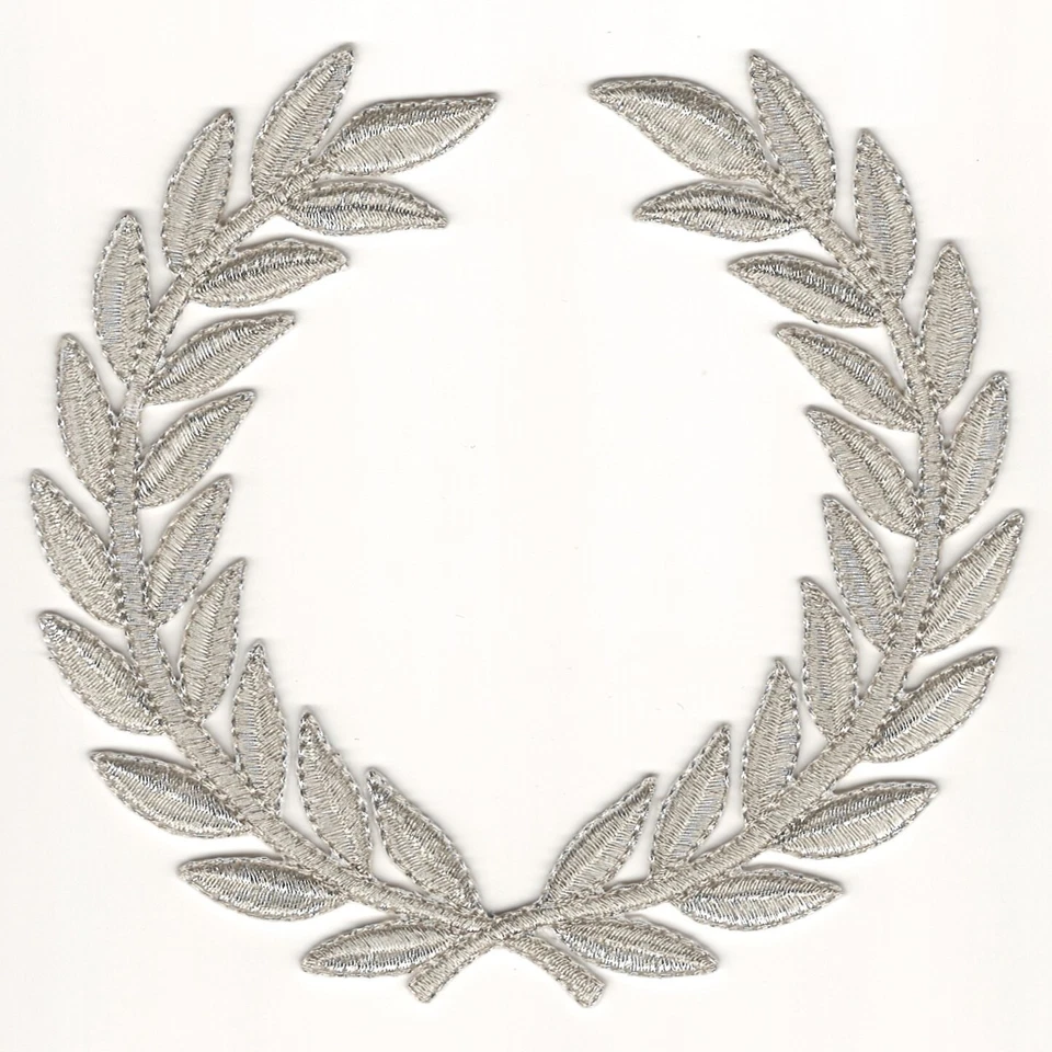 Silver Laurel Wreath Patch Metallic Embroidered SCA Cut out Iron-on Sew on (4") - Image 1 of 1