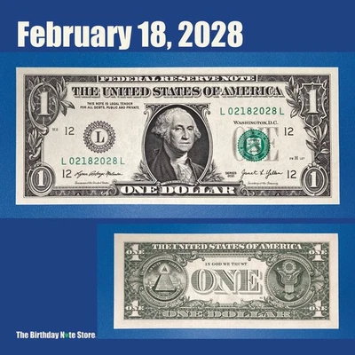 February 18, 2028 Birthday Anniversary $1 One Dollar Bill Serial Number 02182028 - Image 1 of 2