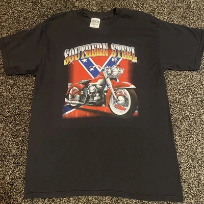 Camisa de motociclista vintage de acero sureño Harley negra talla grande Tultex Foto 1 de 4