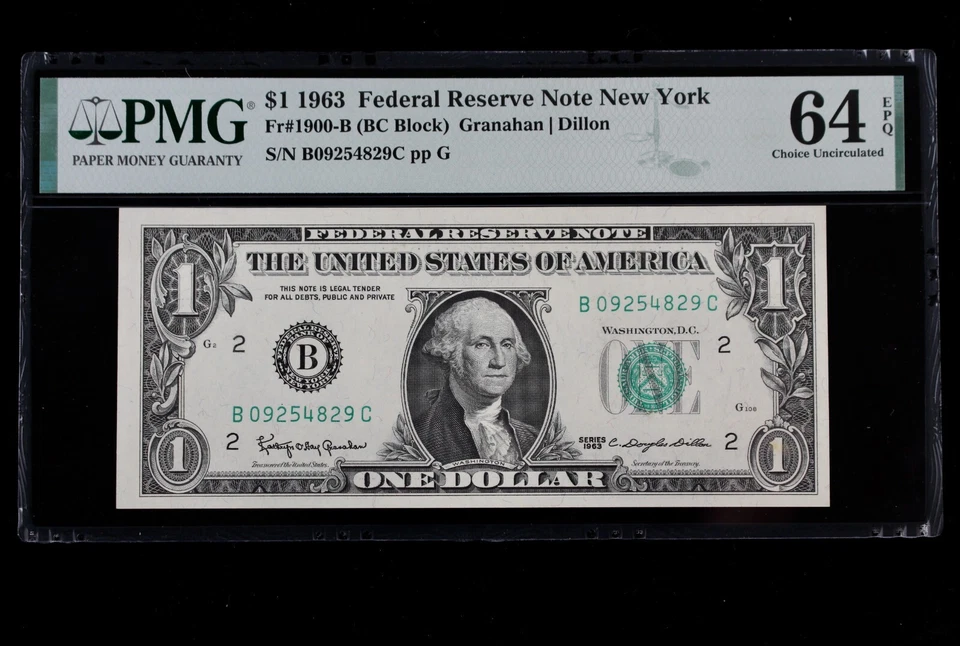 Tough BC BLOCK $1 1963 PMG64EPQ B09254829C one dollar, plain series, New York B2 - Image 1 of 4