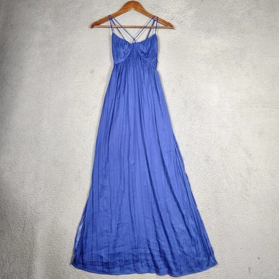 By Anthropologie Maxi Dress Womens XS Blue Lined Pleated Side Slit Halter Preppy - Image 1 of 4