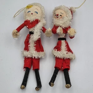 Vintage 1940er dünner Weihnachtsmann & Frau Claus verdrahtete Ornamente Pfeifenputzer Filz - Bild 1 von 3