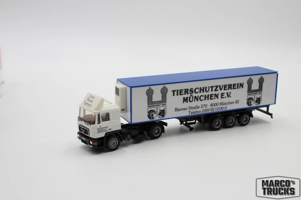 Herpa MAN F90 Refrigerated semitrailer „Tierschutzverein München“ 1:87 /HU21667 - Image 1 of 1