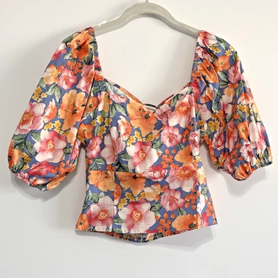 Пышный женщин розовый мульти цветочный укороченный Топ со сборками галстук назад Puff рукав размер средний - Изображение 1 из 4