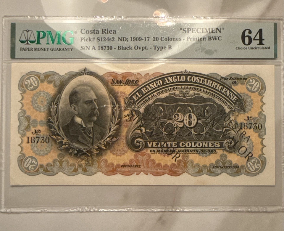 TOP POP Costa Rica 20 Colones ND 1909–17 Espécimen PMG 64 BWC Londres Elección UNC Foto 1 de 4