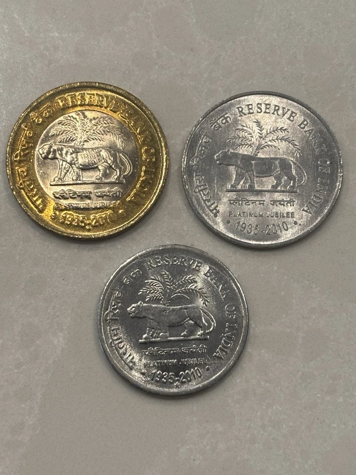 3 India 1,2,10 Rupee Coins 2010 Platinum Jubilee Reserve Bank Of India UNC #13 - Image 1 of 2