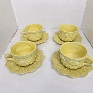 Vintage Bordallo Pinheiro gelbes Kaninchen 4er Set Teetassen & Untertassen * Fehler-verrückt - Bild 1 von 18