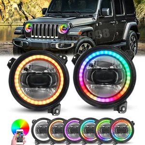 Pair 9'' RGB Halo LED Headlights DRL For 2018-2023 Jeep Wrangler JL Gladiator JT - Bild 1 von 17