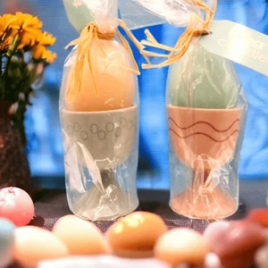 Egg Candles In Egg Cup Holders Set of 2 Easter Holiday Decor Buffet - Picture 1 of 10