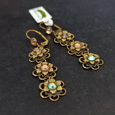 Pendientes Michal Negrin Románticos Largos Florales Bronce Oro Cristales Cuelgan Delicados Foto 1 de 4