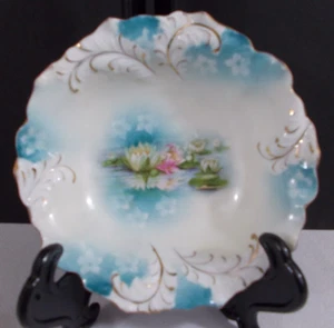 RS Prussia 5-1/2 inch plume mold footed floral Bowl. Water lilies reflection - Picture 1 of 3