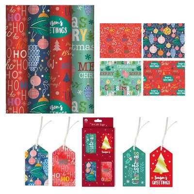 4 x 4M Christmas Wrapping Paper Rolls Contemporary Gift Wrap & 16 Matching Tags - Image 1 of 4
