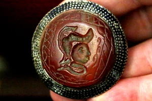 Antique Multan Pakistan Silver Ring Carnelian Roman Seal Intaglio Enameled - Picture 1 of 4