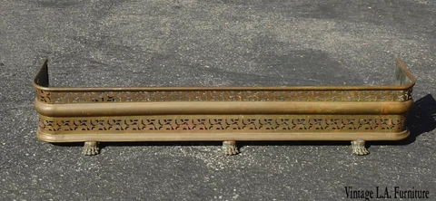 Vintage French Country Brass Fireplace Fender w Oriental Asian Foo Dog Feet Cover