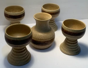 Pottery Craft Karaffe (oder Vase) und 4 Kelche/Kelche hellbraun/braun gestreift, LESEN - Bild 1 von 12