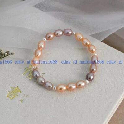 6-10mm Natürliche Rosa Lila Süßwasser Perle Reis Perlen Elastizität Armband 19cm - Bild 1 von 4