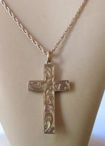 9ct Gold Necklace - Vintage 9ct Rose Gold Hollow Cross Pendant & 9ct Gold Chain - Picture 1 of 12