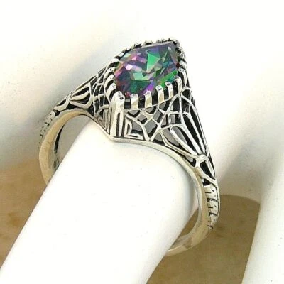 DECO VINTAGE STYLE 925 STERLING SILVER 1.00 Ct MYSTIC QUARTZ FILIGREE RING  711z - Image 1 of 4
