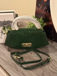 Elegante Bolso de Mano Estilo Vintage Patrón de Cocodrilo Repujado Verde Oscuro Imitación Cuero - Imagen 1 de 15