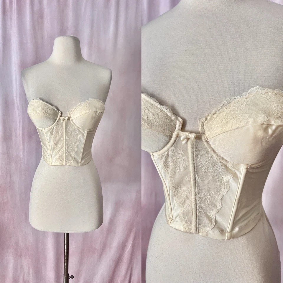 Vintage Lady Marlene Bustier Corset 36 Ivory Floral Lace Boned Lingerie 70s 80s - Image 1 of 4