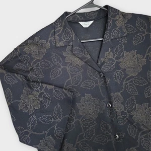 Adam Jay Blouse Womens Size XL Black Gold Floral Stretch Somewhat Sheer V Neck - Picture 1 of 9