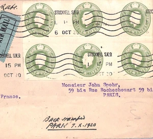 GB/FRANCE Early Air Mail Cover 1920 Stockwell Paris Stationery STO BLOCK{6} XA10 - Picture 1 of 13