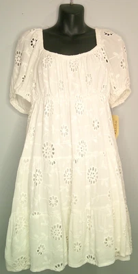 Rewind Juniors Tiered Eyelet Skater Short Sleeve Dress- White Puff Sleeve Large - Image 1 of 4