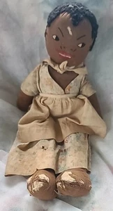 Vintage Folk Art Handmade Jointed Cloth Black 15"  African American Doll 1920s - Picture 1 of 20
