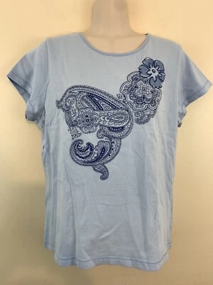 Camiseta Top Algodón Liz Claiborne Azul Manga Corta Floral Paisley Talla L Foto 1 de 3
