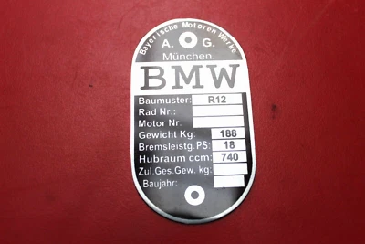 Placa de identificación de aluminio BMW R12 Foto 1 de 3