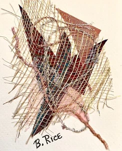 Handmade Blank Greeting Card Gold Mesh & Fabric Scrap Signed by Artist B. Rice - Picture 1 of 6