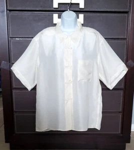 Details Express Oriental Style 100% Silk Women Short Sleeve Blouse Ivory, Size L - Picture 1 of 11