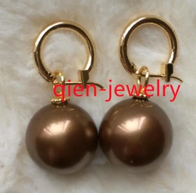 Huge AAAA 16mm Perfect Round Chocolate south sea  Shell Pearl earrings14k gold - Image 1 of 4