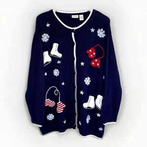Vintage Winter Cardigan Sweater Skates Snowflakes Blue Sz X/1X/XL Cherokee - Picture 1 of 3