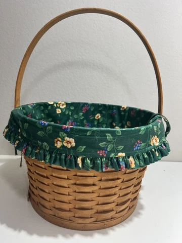 Longaberger Basket Liner Green Floral 1996 Vintage Retired Large Handle Round Cover