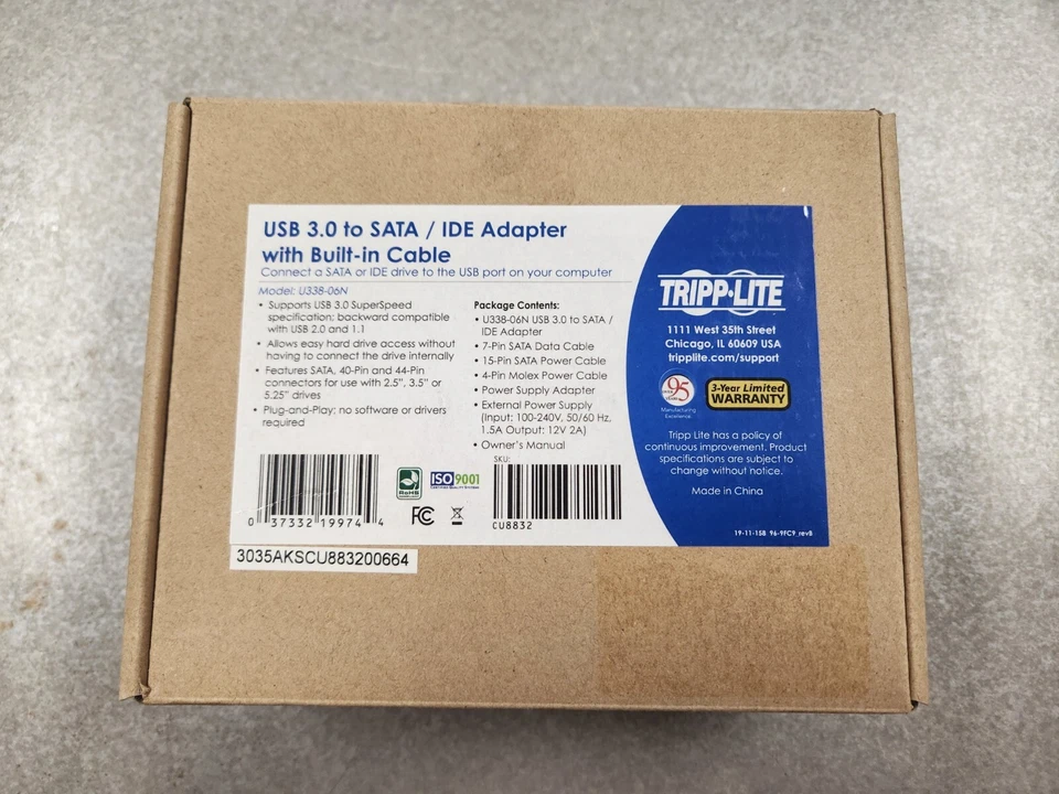TRIPP-LITE USB 3.0 TO SATA/IDE ADAPTER FOR 2.5/3.5/5.25 in HARD DRIVES OPEN BOX - Image 1 of 1