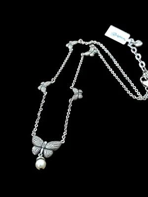 Brighton Bloom Butterfly  Necklace-reversible- dangling pearl bead-silver color - Image 1 of 4