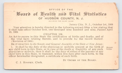 1909 Board of Health Hudson County NJ Postcard Vital Records Law Jersey City - Image 1 of 3
