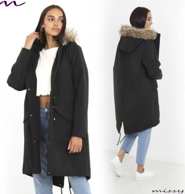 NUEVO Mujeres DAMAS PARKA ABRIGO ACOLCHADO MANGAS LARGAS CHAQUETA DE INVIERNO COLA DE PESCADO Talla 8-16 Foto 1 de 4