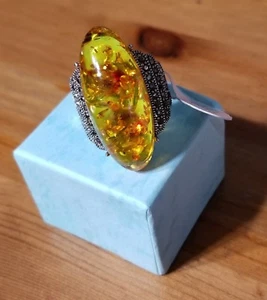 Vintage Design Ladies Ring, Big Amber and CZ Stones, Platinum Plated, Size 7,8,9 - Picture 1 of 4