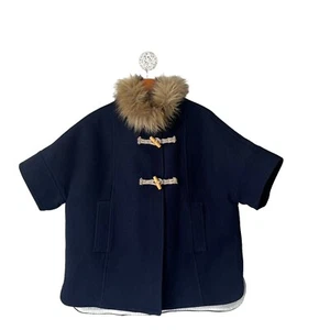Crewcuts J Crew Girls Navy Wool Cape Coat Sherpa Lined Faux Fur Trim Hood Large - Picture 1 of 9