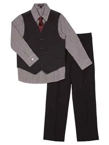 Boys 4 Piece Suit Black & Red Check Dress Up Holiday Outfit Vest & Tie Set 4 - Picture 1 of 1