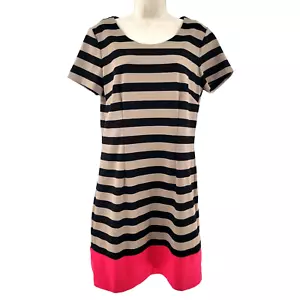 Banana Republic Dress 10 Black Tan Pink Stripe Knit Sheath Lined Short Sleeve - Picture 1 of 3