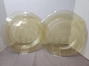 Yellow Depression Glass Plates 11 in Patrician Spoke Pattern Federal Glass 2 Pcs - Picture 1 of 15