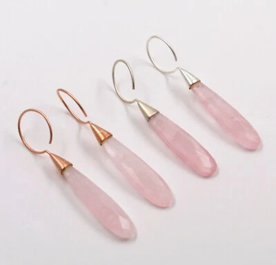 Pendiente largo de cuarzo rosa con gota de lágrima joyería de plata de ley 925 maciza Foto 1 de 4