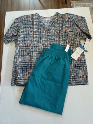 Scrubs Uniform set teal Bottoms Printed multi color top 2XL - Image 1 of 4