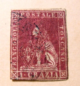 ITALIA ,ITALY 1857  Toscana Tuscany " Leone Mediceo" 1c Carminio Used ss.12  - Imagen 1 de 2