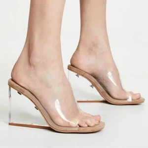 Jeffrey Campbell Clear Acetate Mule Wedge Heel Microsuede Footbed Sandal 9 Used - Picture 1 of 5